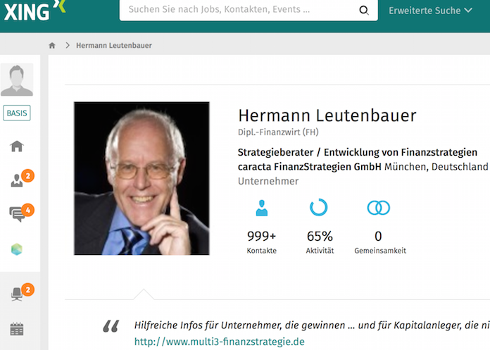 Diplomfinanzwirt Hermann Leutenbauer (74) aus Gilching in Bayern muss sich ab 31. Mai 2017 wegen mutmasslich verbotener Geschäfte vor Gericht verantworten © Twitter/XING