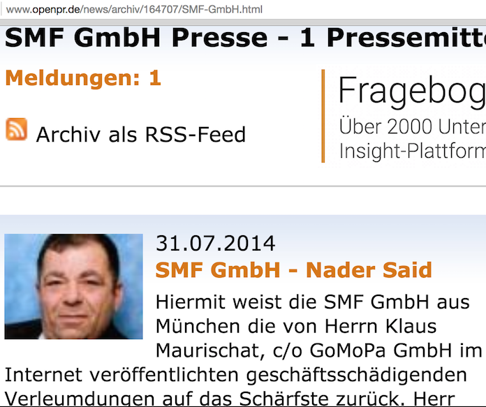 Der Syrer und Kreditversprecher Nader Said (59) aus München weist in einer Presseerklärung auf Openpr.de die von GoMoPa.net aufgedeckten Täuschungsmanöver als Verleumdungen zurück, seit 12. April 2017 sitzt er in U-Haft in der JVA München wegen Verdachts auf Geldwäsche und Kreditbetrug © Pressefoto von Nader Said auf Openbroadcast vom 27. April 2012/Pressefoto des SMF GmbH Geschäftsführers Nader Said auf Openpr.de vom 31. Juli 2014