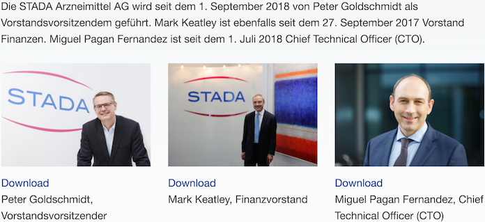 STADA-Finanzvorstand Mark Keatley (60, mitte) aus Zug in der Schweiz vertritt die beherrschende Mehrheitsaktionärin Nidda Healthcare GmbH aus Frankfurt am Main, ein gemeinsames Vehikel von Bain Capital Investors, LLC aus Wilmington im US-Bundesstaat und Steueroase Delaware und Cinven aus der britischen Steueroasen-Insel Guernsey im Ärmelkanal © Pressefotos STADA Arzneimittel AG, Stadastraße 2-18 in Bad Vilbel in Hessen