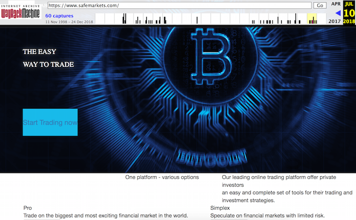 Screenshot der inzwischen abgeschalteten Binäre Optionen Handelsplattform Safemarkets vom 10. Juli 2018