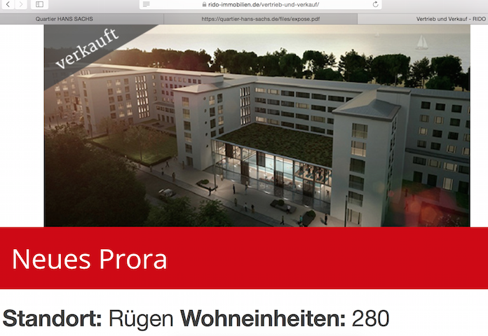 Rico Gierke (52), geschäftsführender Gesellschafter der Rido Bauträger & Immobilienvermittlungs GmbH aus der Ulrich-von-Hutten-Straße 31 in Hohen Neuendorf bei Berlin, entblödet sich nicht, mit dem Verkauf von 280 Wohnungen für Irisgerd in Prora aus Rügen zu prahlen, obwohl er von dem Pleiteobjekt nur das Planungsbild zeigen kann, wie es aussehen sollte © Ausriss aus rido-immobilien.de