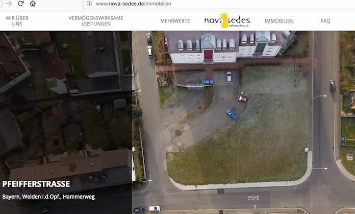 Nach 17 Jahren hat die Nova Sedes Wohnungsbau eG aus Bayern nur Bauprojekte und keine einzige bewohnte Wohnung vorzuweisen: So die grüne Wiese in der Pfeifferstraße Ecke Hammerweg in Weiden in der Oberpfalz in Bayern, auf der bis Dezember 2020 30 Wohnungen gebaut werden sollen © Ausriss aus Nova-Sedes.de/Immobilien