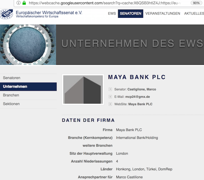 Kurzes Gastspiel der Komoren-Bank Maya Bank PLC vom inzwischen rausgeworfenen Senator Marco Castiglione (44) aus Pyrbaum als Unternehmen des EWS Europäischen Wirtschaftssenats e.V. aus der Nymphenburger Straße 118 in München und Büro in Brüssel © Ausriss aus eu-wirtschaftssenat.eu