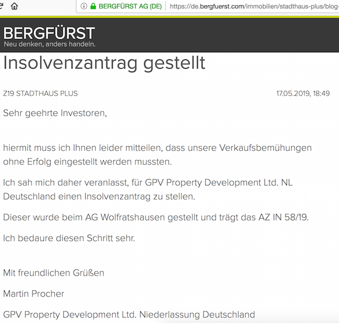 Nun ist auch der erste Emittent eines Immobilienprojektes auf der Berliner Schwarmfinanzierungsplattform Bergfuerst.de pleite © Ausriss aus Bergfuerst.de