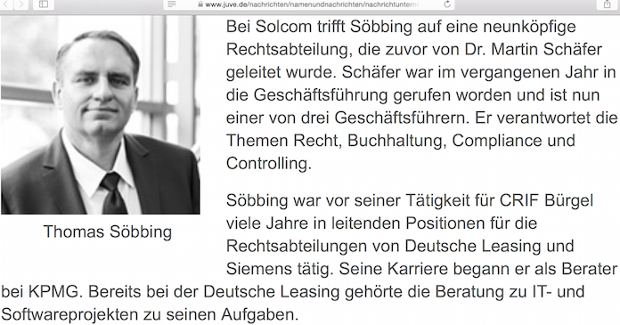 Dr. Thomas Söbbing aus Kleinkahl in Bayern war seit April 2019 neuer General Council / Leiter Recht des IT Dienstleisters SOLCOM GmbH in der Schuckertstraße 1 in Reutlingen in Baden-Württemberg. Wohl um Ärger mit der Staatsanwaltschaft Tübingen aus dem Wege zu gehen, die gegen SOLCOM wegen des Verdachts auf Sozialversicherungsbetrug ermittelt, soll er trotz eines Jahressalärs von 200.000 Euro plus Boni seinen Hut genommen haben © Ausriss aus Hasso-Plattner-Institut hpi.de vom 28. Mai 2019 (kleines Foto) und aus Juve.de vom 15. März 2019 (grosses Foto mit Vita)