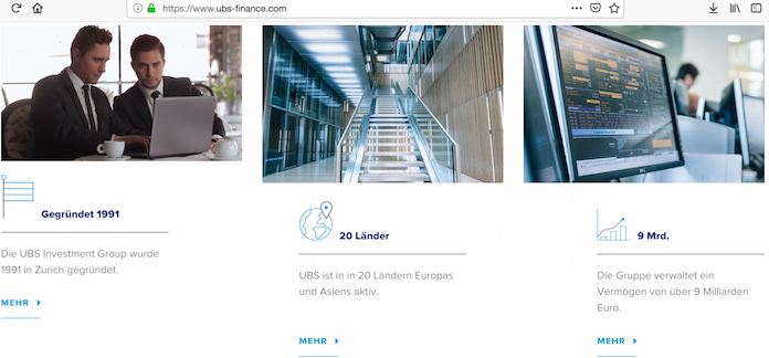 Der Klon UBS-Finance.com mit den falschen Fotos von Alexander Schütz und Thomas Rieß aus Österreich © Ausriss aus UBS-Finance.com