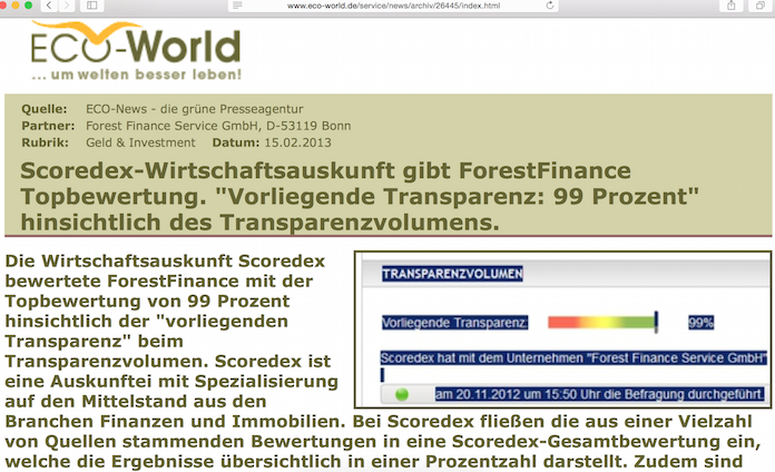 Falsche Werbung: Der Bonner Waldinvestanbieter Forest Finance veröffentlicht ein positives Teil...mehrFalsche Werbung: Der Bonner Waldinvestanbieter Forest Finance veröffentlicht ein positives Teilergebnis von Scoredex (Transparenz), verschweigt aber die schlechte Gesamtnote © Ausriss aus Eco-World.de