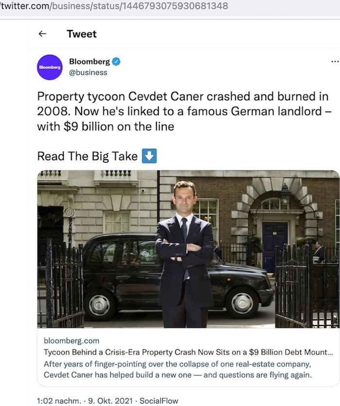    Der österreichische Immobilien-Tycoon Cevdet Caner (48) aus Linz im Jahr 2009 vor seiner rund 24 Millionen Euro teuen Londoner Stadtvilla in Mayfair © Twitter.com/Bloomberg/Business vom 9. Oktober 2021
