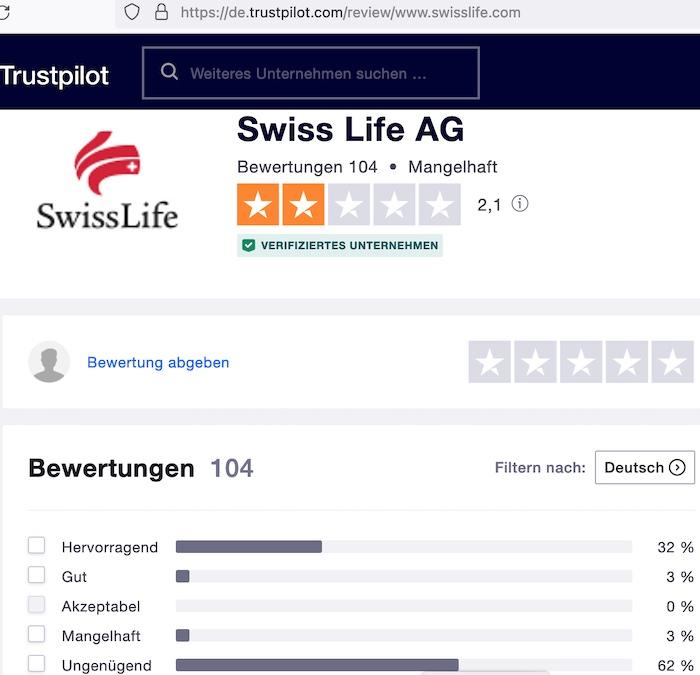 Kundenbewertungen der Beratung durch Swiss Life auf Trustpilot.com vom 1. Juni 2022 © Screenshot Trustpilot.com vom 1. Juni 2022