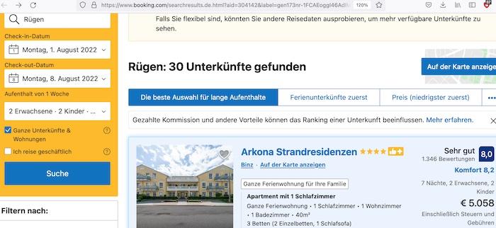 5.000 Euro für 1 Woche Ferienwohnung (40 Quadratmeter) für eine Familie mit zwei Kindern in Binz auf Rügen in den Arkona Strandresidenzen ohne Meerblick und ohne Frühstück © Ausriss aus Booking.com vom 6. Juli 2022