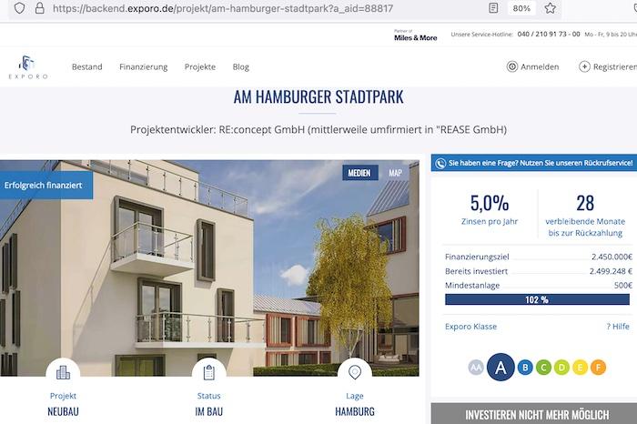 Am 9. März 2019 sammelte Exporo.de innerhalb weniger Minuten rund 2,5 Millionen Euro für das von Jerome Boateng gekaufte Projekt Am Hamburger Stadtpark in der Timmermannstraße 7 in Winterhude ein © Ausriss Exporo.de vom 25. Juli 2022