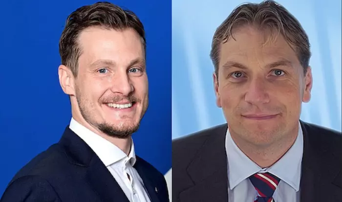 HSV-Aufsichtsratsboss Marcell Jansen (36, links) und HSV-Finanzvorstand Dr. Thomas Wüstefeld (53) © Pressefotos HSV und sanPharma GmbH
