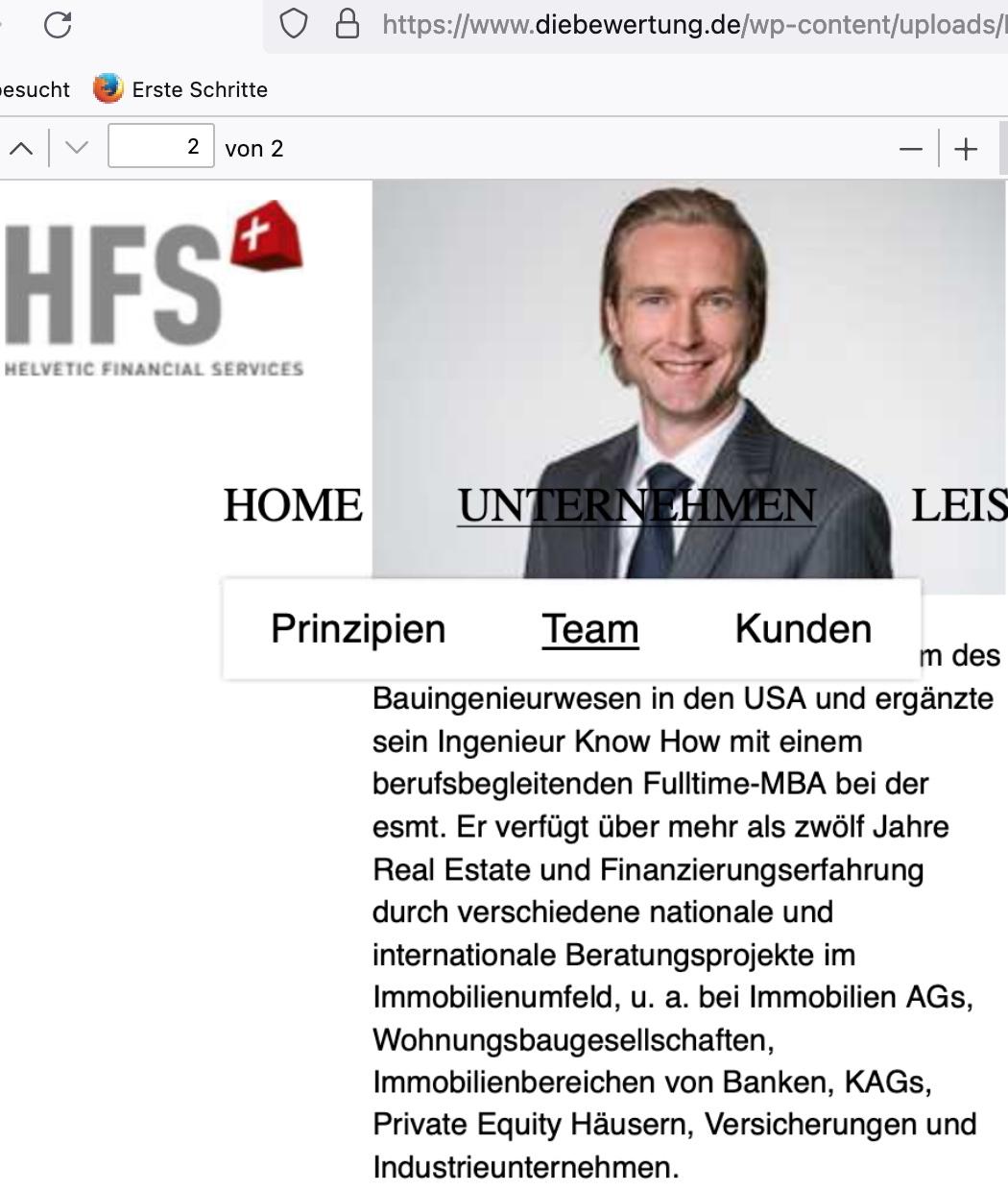 Der deutsche Bauingenieur Alexander Werner aus Thalwil in der Schweiz war viele Jahre „Director Investment“ beim Corestate-Immobilienprojektfinanzierer Helvetic Financial Services AG © Ausriss von DieBewertung von der Seite HFG-ag.ch aus dem Jahr 2015