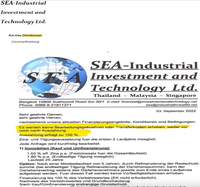 Ausriss aus dem Finanzierungsangebot von Kai-Uwe Christiansen aus der Geschäftsleitung der South-East-Asia-Industrial Investment and Technology Ltd. aus Bangkok