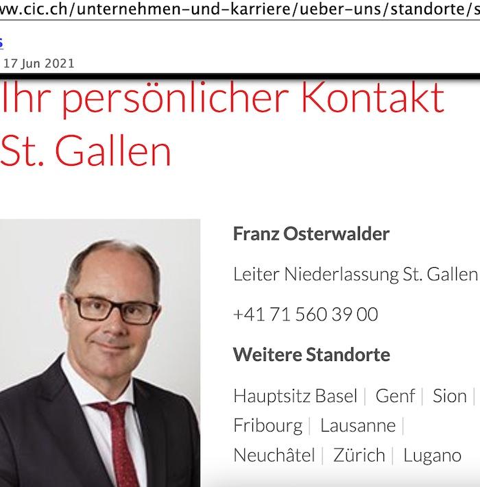 Franz Osterwalder, Ex-Niederlassungsleiter der CIC St. Gallen © Ausriss aus CIC.ch vom 17.6.2021