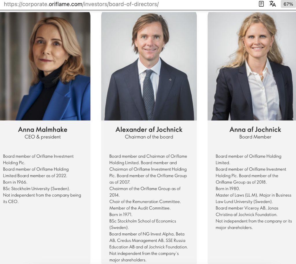 Das Board der Oriflame Holding Limited aus St. Helier auf der britischen Kanalinsel Jersey: Von links nach rechts die Schweden CEO und Präsidentin Anna Malmhake (58) aus London, Chairman Alexander af Jochnick (53) aus Djursholm bei Stockholm und Board-Mitglied Anna af Jochnick (44) aus London, Ausriss aus corporate.oriflame.com