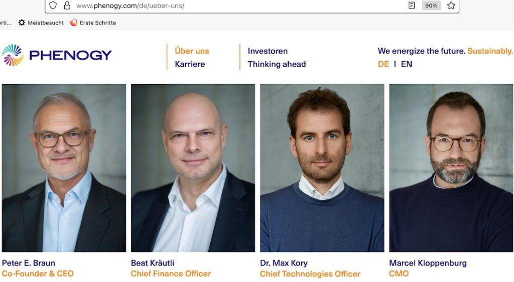 Das Leadership-Team der Phenogy AG aus Root im Schweizer Kanton Luzern von links nach rechts: Gründer und CEO Peter Eugen Braun, Finanz-Offizier Beat Kräutli, Technologie-Offizier Dr. Max Kory und Marketingchef Marcel Kloppenburg, Ausriss aus Phenogy.com