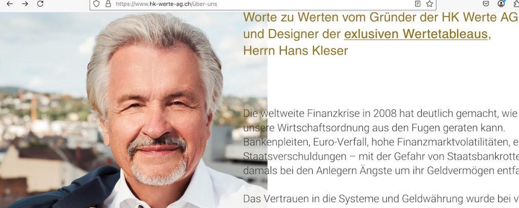 Hans Kleser (76) aus Wiesbaden in Hessen, Inhaber der G Deutsche Gold AG aus Eltville im Rheingau und HK Werte AG aus Mannenbach-Salenstein in der Schweiz, Ausriss aus HK-Werte-AG.ch vom 14. Mai 2025
