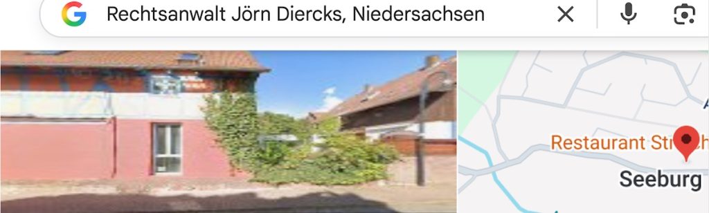 Der Kanzlei-Sitz von LV-Rückabwicklungs-Anwalt Jörn Diercks (60): ein Hof in Seeburg im Landkreis Göttingen, auf dem seine Frau Birgit Diercks (55) einen Hofladen für selbstgekochte Seife betreibt, Ausriss aus Google-Suche nach Rechtsanwalt Jörn Diercks, Niedersachsen