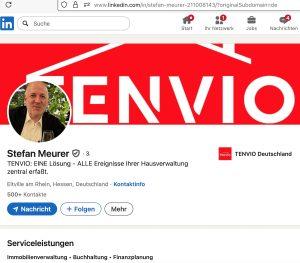 Stefan Erik Meurer (53) aus Eltville am Rhein in Hessen wirbt aktuell für seine digitale Hausverwaltung Tenvio.de, heutiger Ausriss aus LinkedIn